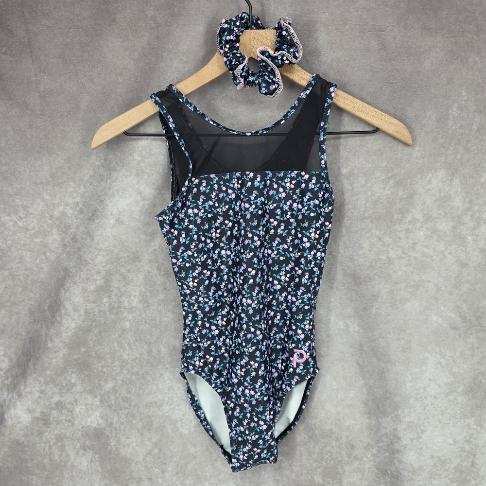 Plum Practicewear Gymnastics Leotard Black Mesh Floral With Scrunchie Size AXS